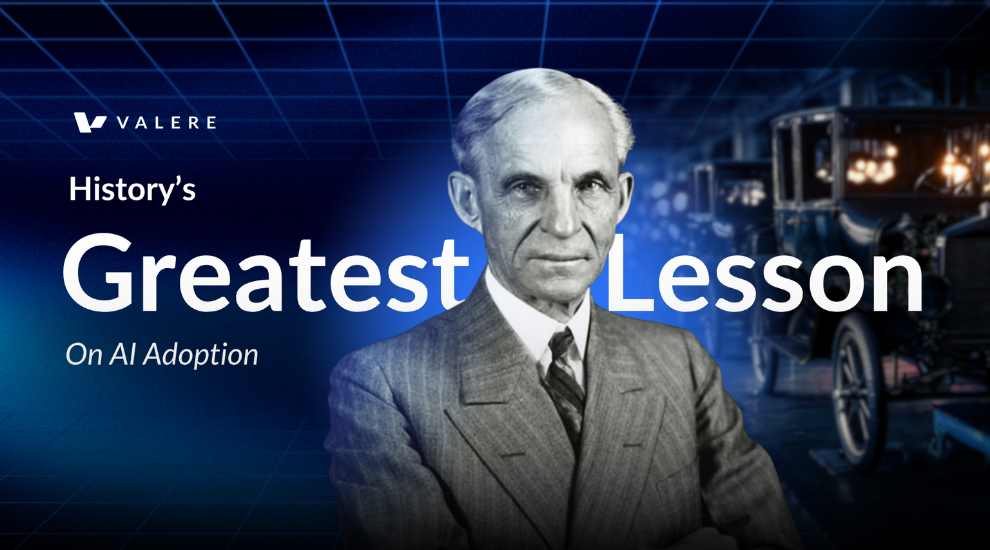 A historical photo of Henry Ford against a modern, blue digital grid. The text reads, "History's Greatest Lesson On AI Adoption," connecting the industrial revolution to modern AI strategy.