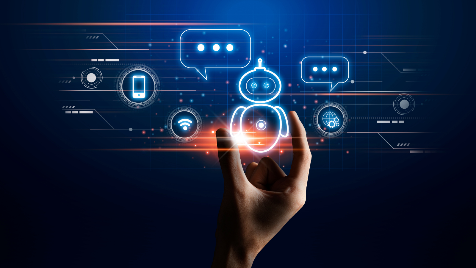 A human hand interacting with a chatbot surrounded by communication icons like chat bubbles, Wi-Fi, and phone symbols on a digital background.