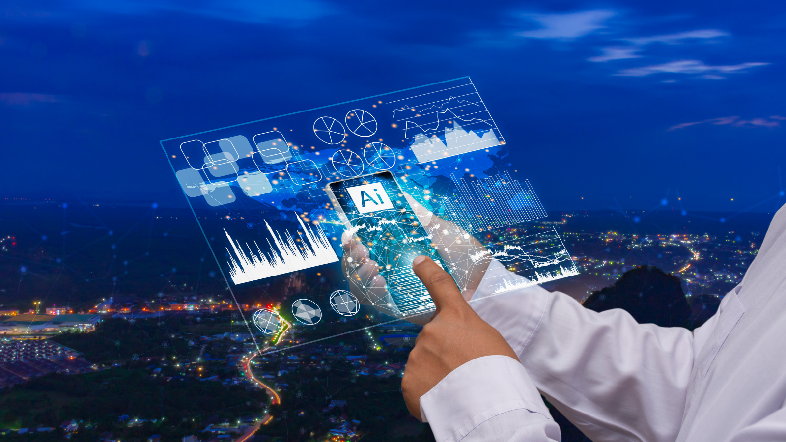 Businessman looking at his smartphone as multiple charts, data visualizations, and the word “AI” appear projected from the screen.