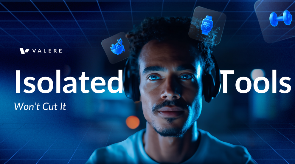 A focused man looks ahead, surrounded by floating icons—a fitness tracker, meal app, and dumbbell. Text: "Isolated Tools Won’t Cut It."