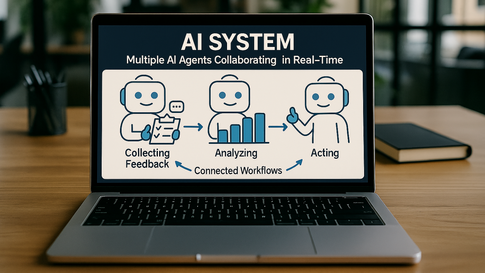 Laptop screen displaying multiple AI agents, each handling different tasks—like analytics, communication, and scheduling—interacting and collaborating in real time.
