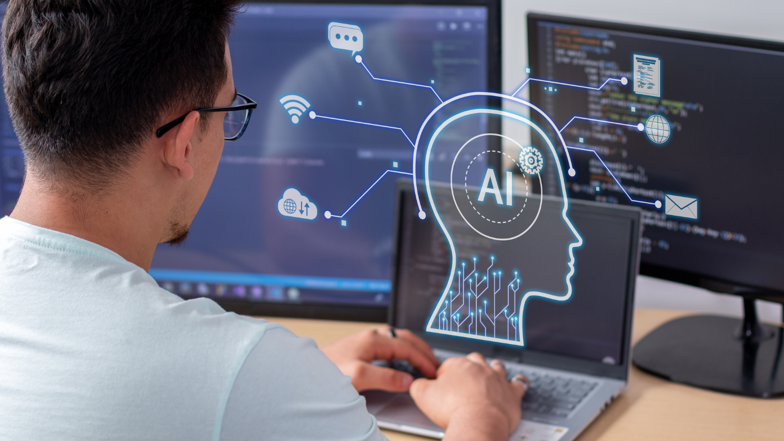 Worker looking at a laptop displaying a digital AI head connected by lines to icons representing messages, Wi-Fi, cloud storage, and the internet.