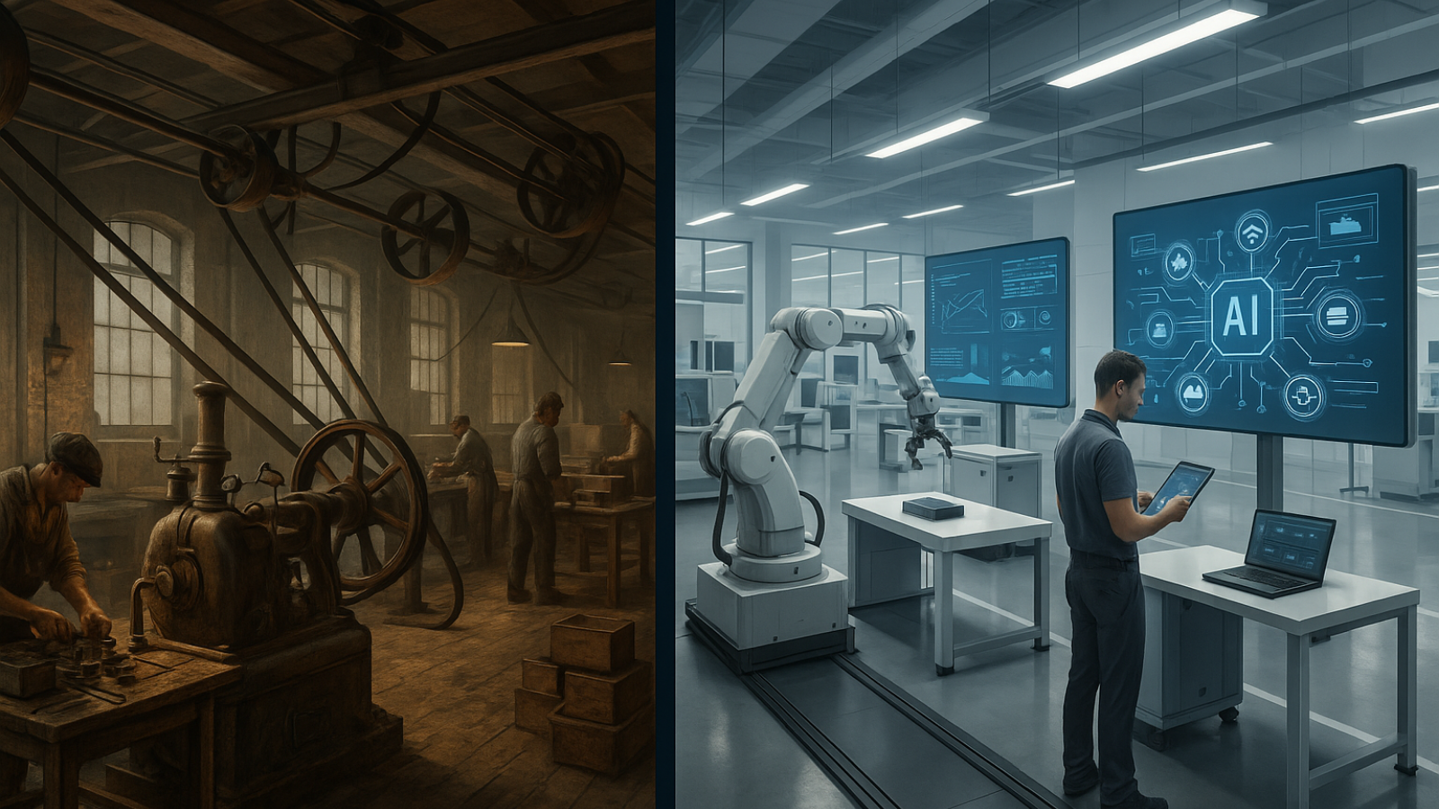 Image with 2 sides, the one in the left shows an old industry , and the one in the right shows a futuristic AI industry