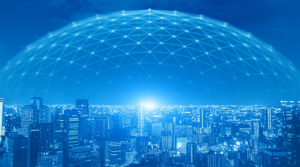 A man looks through binoculars with a futuristic, interconnected network design overlaid on the blue background, symbolizing the exploration and vision for the future of AI in 2030 and beyond.