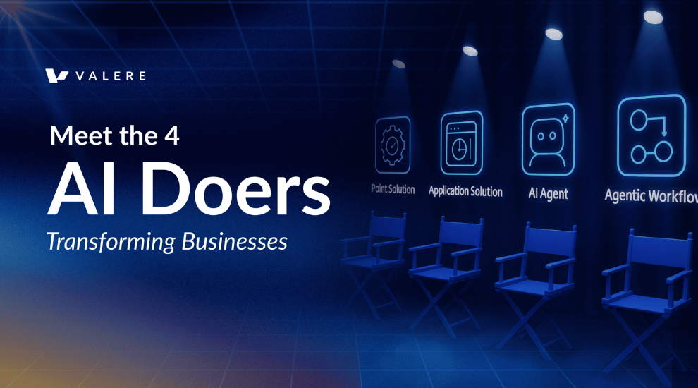 Four spotlighted chairs on a stage, each representing an AI Doer: Point Solution, Application Solution, AI Agent, and Agentic Workflow. Text reads "Meet the 4 AI Doers Transforming Businesses."